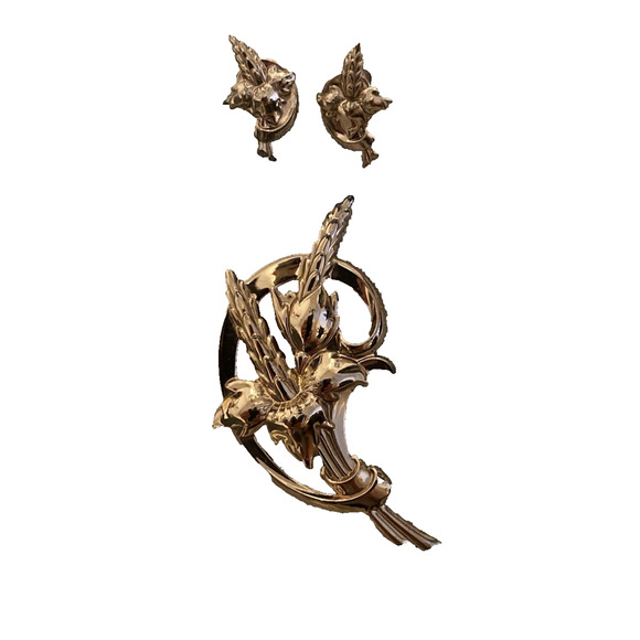 Vtg Designer Jewelry Bouquet Rose Gold FLOWER Brooch Pin ClipOn Earrings 3pc Set - Picture 4 of 8